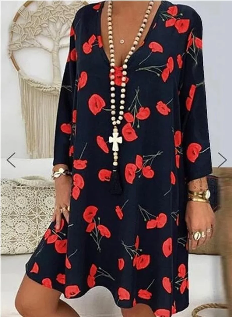 

2021 Women Autumn Dress Boho Style Long Sleeve Floral Print Beach Dress Tunic Loose Mini Party Dress
