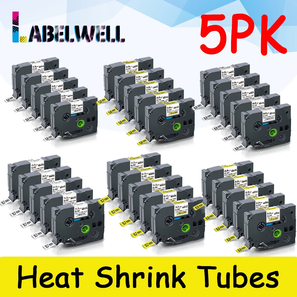 Labelwell 5pcs Heat Shrink Tubes HSe-211 221 231 241 251 611 for Brother HSe211 HSe 211 5.8mm label for Brother P-Touch Printer