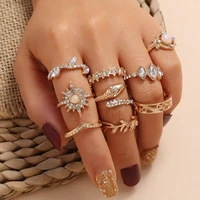 9pcs set boho mixed golden princess garland snake hexagon star crystal finger ring set women beach party jewelry accessories