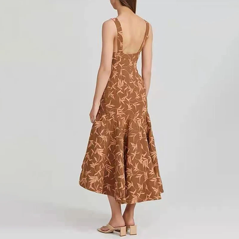 

SISPELL Print Hit Color Dresses For Female Square Collar Sleeveless High Waist Slimming Ruched Women's Elegant Dress Tide