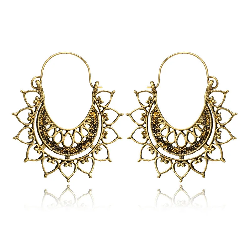 Boho Hollow Out Antique Gold Gypsy Tribal Ethnic Drop Dangle Earrings for Women Flower | Украшения и аксессуары