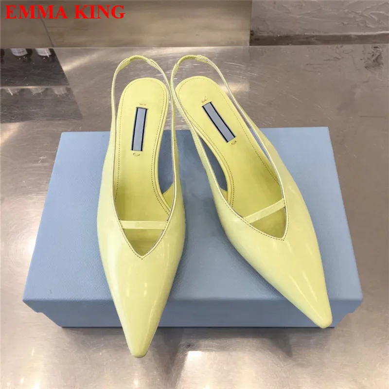 

New 2021 Design Back Strap Women Sandals Fashion Summer Kitten Heels Slingback Pointed Toe Pumps Runway Party Strip Shoes Woman