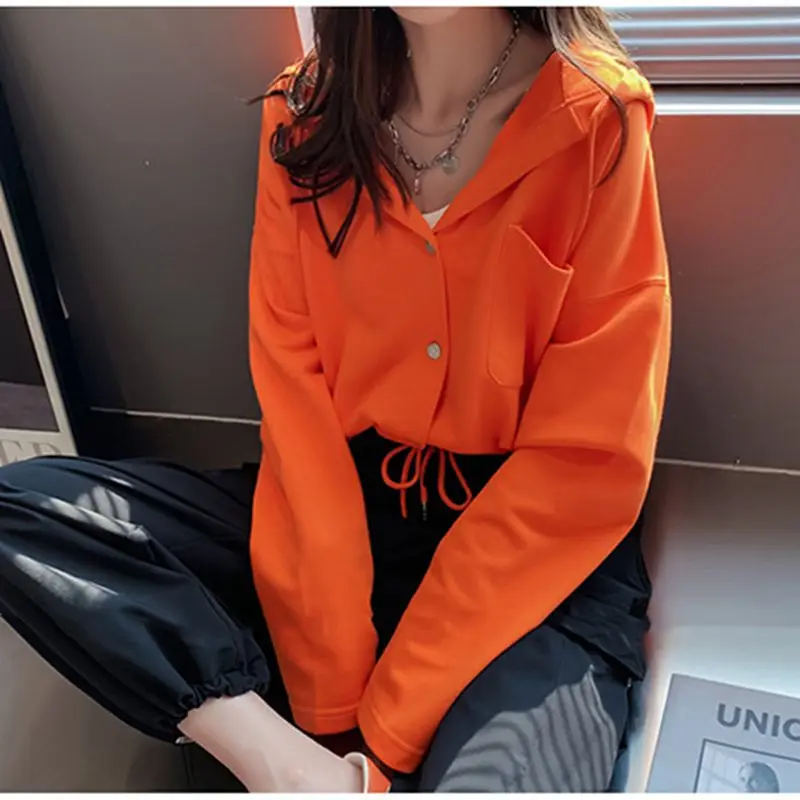 

Women's Hoodies Pullovers Sweatshirts Spring New Cotton Loose Cropped Jacket Casual Korean Style Draw String Drop-Shoulder Solid