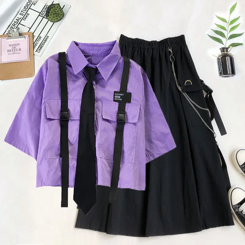 

2021 Autumn Streetwear skirt High-Waist Straight Ribbon Cargo skirt Student Loose Short-Sleeved Shirt with Tie two-piece Set