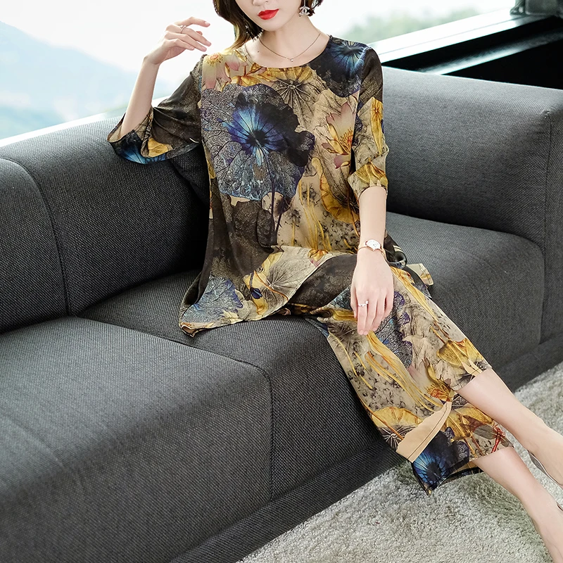 Летний костюм 2019 Новый Женский Плюс Размер имитированный шелк Модный комплект