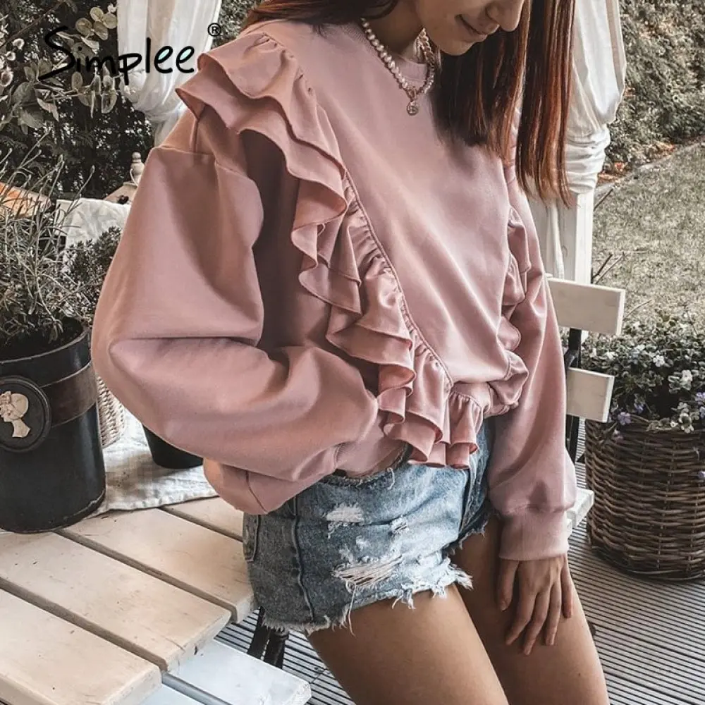 

Simplee Drop-shoulder sleeve ruffled sweatshirt women Casual loose pink pullover autumn 2020 Short crewneck pullover for female