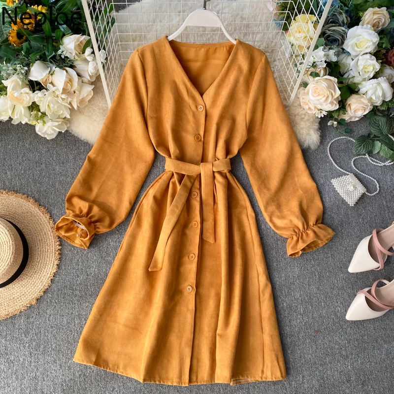 Neploe Французский Ретро тонкий талии на шнуровке лук дизайн Vestido V образным вырезом