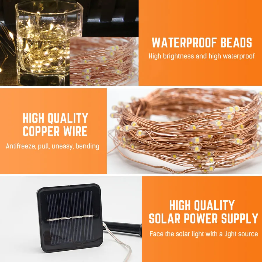 Солнечный свет 10 м 100LED Звездный мигающий Водонепроницаемый светодиодный медный