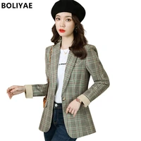 boliyae autumn winter womens office formal suits coat elegant plaid slim blazers fashion long sleeve jacket female oversize top