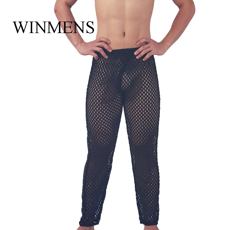 

Men Lounge Pants/Fashion Funny Fishnet See Through Stretch Breathable Gay Sleeping Bottoms/Hole Cut-outs Male Pajamas