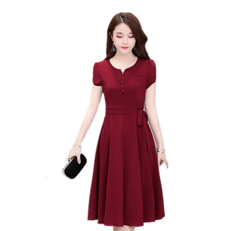 

Women Spring Summer Style Dress Women's Round Neck Short Sleeve Ice Silk A-line Skirt Slim Temperament Ladies Dress SS3018