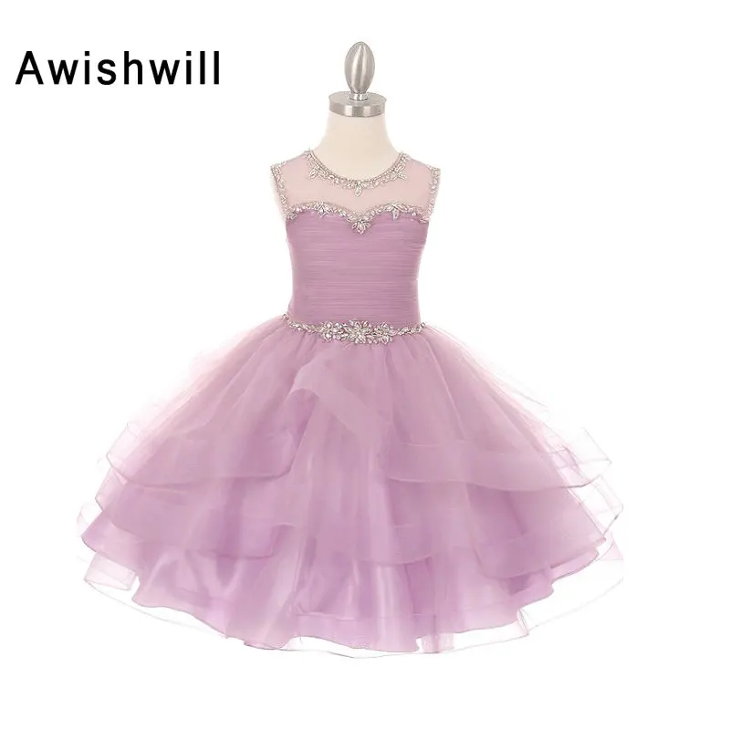 

Cheap New Pink White Lilac Flower Girl Dresses For Wedding Beaded Toddler Pageant Gowns Sleeveless Tiered Kids Birthday Gown