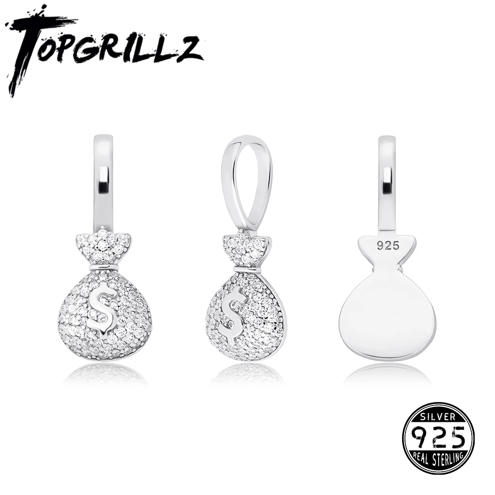 

TOPGRILLZ 925 Sterling Silver MONEY BAG Pendant With Box Chain Iced Out Cubic Zirconia Pendant Hip Hop Jewelry Gift For Women