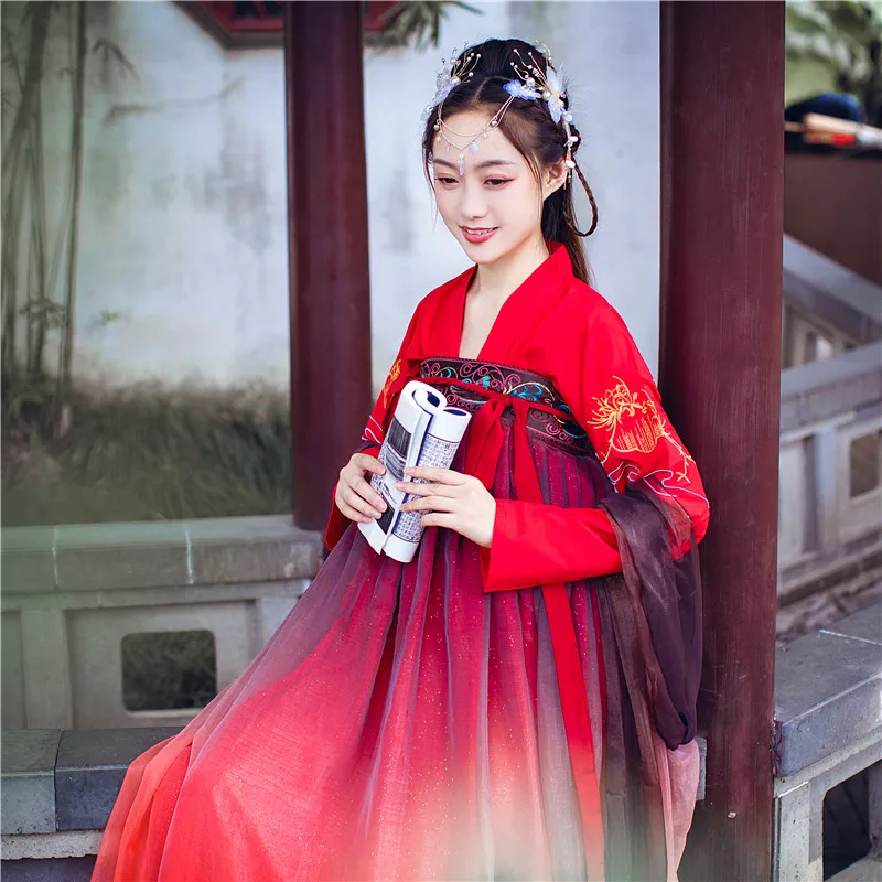 Красное сказочное платье Hanfu костюм для народного косплея наряд студенческого