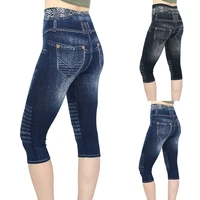 new faux jeans leggings women stretch printed short leggins plus size calf length pants summer breeches high waist jeggings drop