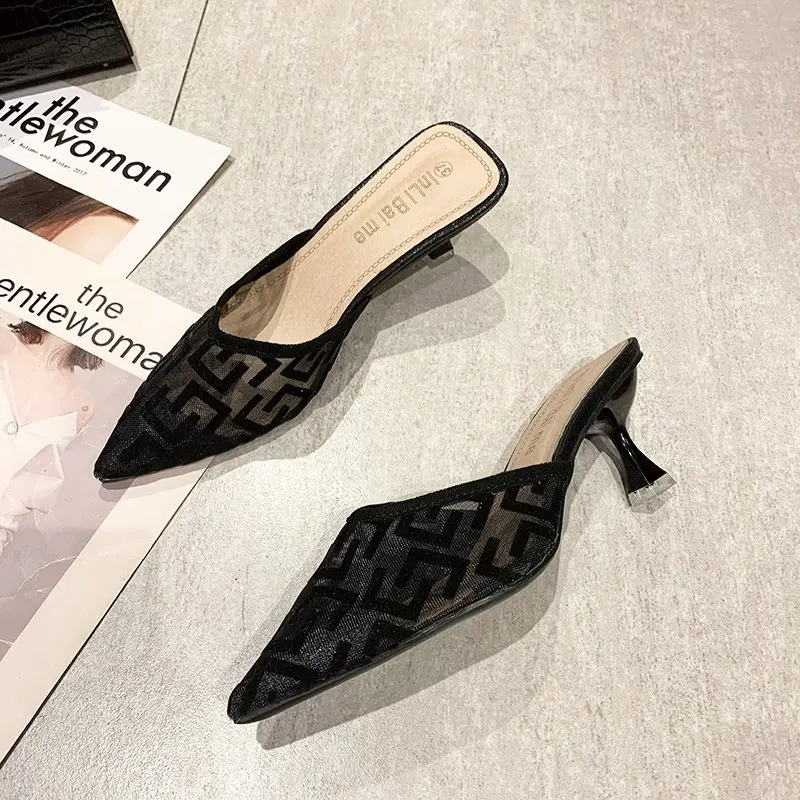 

XIXIYIPIN 2021 Summer Embroidery Mesh Breathable Sexy Fashion Designer Shoes for Women Slippers Office Thin Heels Mules Sandals