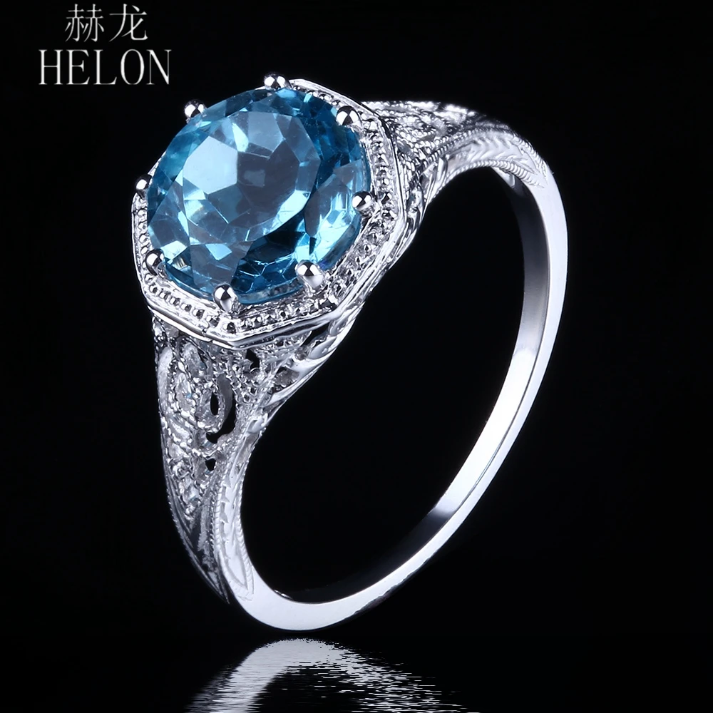 HELON 925 Sterling Silver Certified Round 2.3ct Genuine Natural Blue Topaz Engagement Ring Women Vintage Jewelry Gemstone Ring