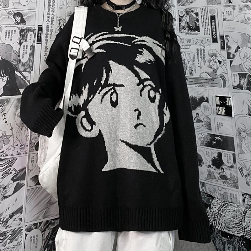 

Женский жаккардовый свитер в японском стиле Харадзюку, с мультяшным принтом