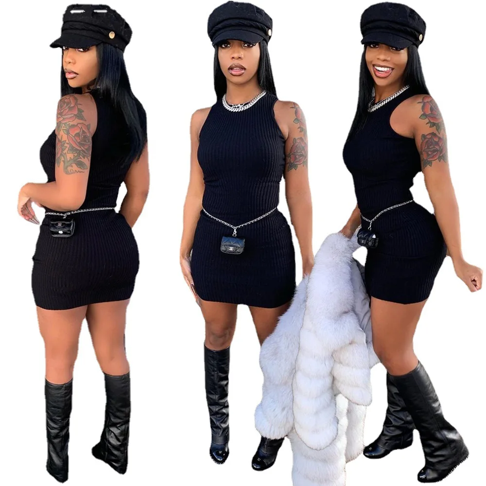 

Sexy Package Hip Short Skirt Pit Strip Solid Color Vest Sleeveless Graphic Mini Dress for Women 2021 Spring Fashion Streetwears