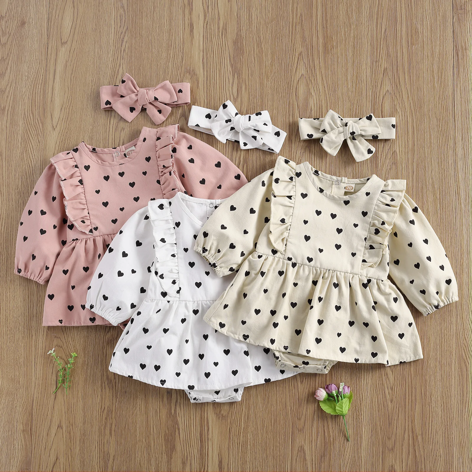 

Newborn Baby Girl's 2-piece Dress Set Long Sleeve Heart Print Crew Neck Lace Short Dress Romper and Hairband Outfits Newest Set