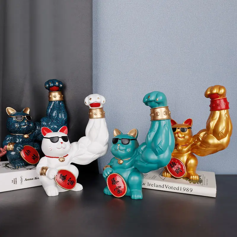 

Muscle Arm Lucky Cat Ornaments Golden Resin Crafts Living Room Cute Animal Small Gift Creative Modern Design Home Decoration