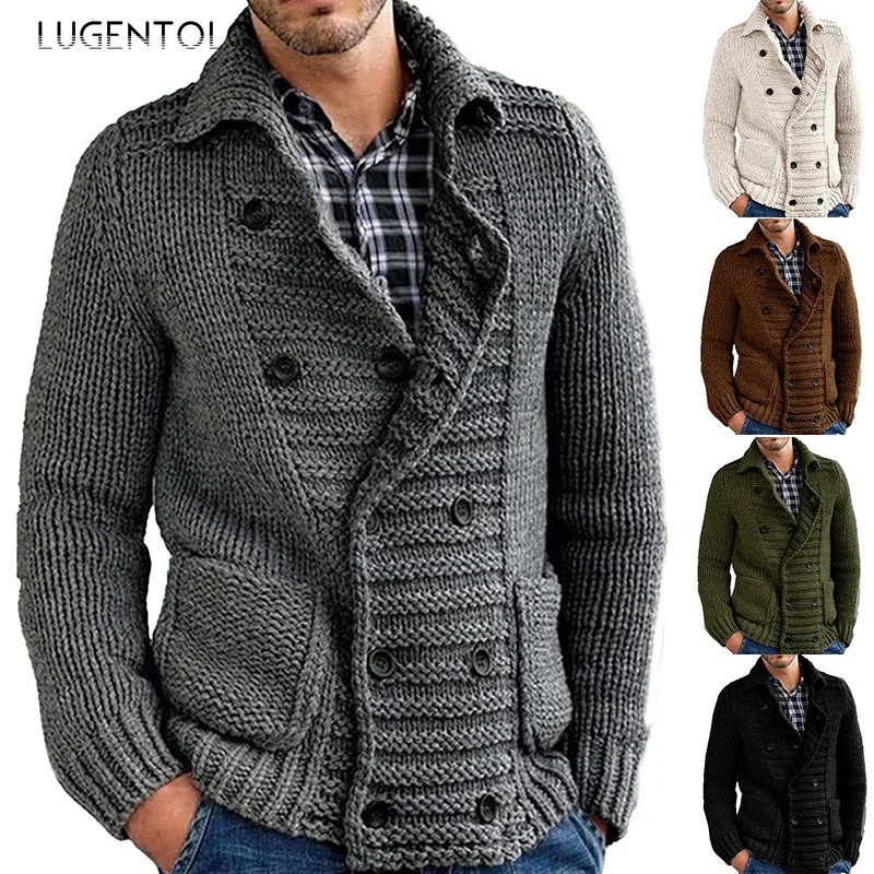 

Lugentolo Cardigan Sweater Men Knitted Solid Lapel Single-breasted Long Sleeve Pocket Autumn Men's Casual Sweaters