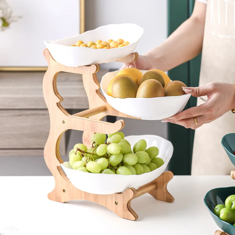 2/3 Tiers Fruit Storage Display Plate Snacks Dessert Holder Bowl With Wood Shelf Party Kitchen Serving Platter Decor Box | Дом и сад