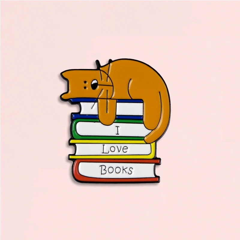 Эмалированная брошь в форме кошки Reding из джинсовой ткани с надписью I Love Book