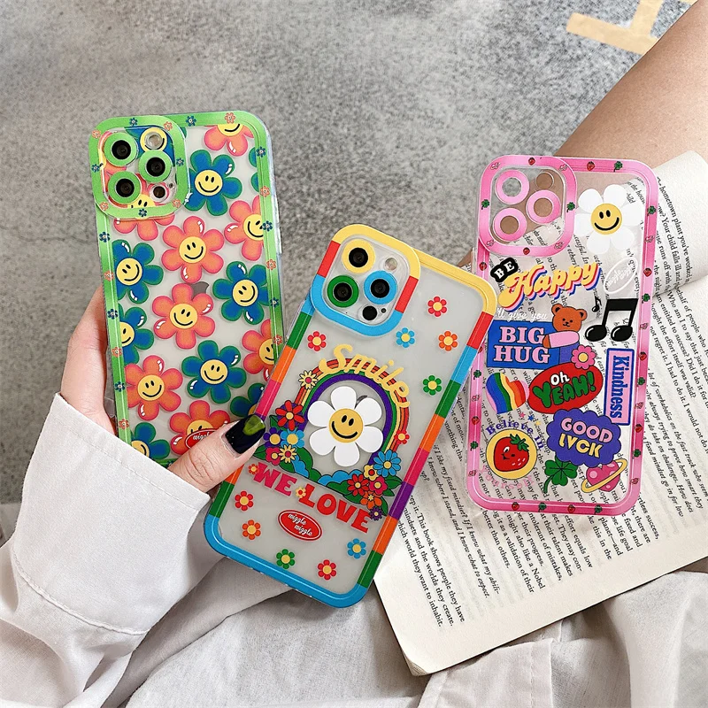 

Cute Colorful Smile Flower Phone Cases for IPhone 12 11 Pro Max SE 2020 7 8 Plus X XR XS Max Lovely Cartoon Clear Soft Cover