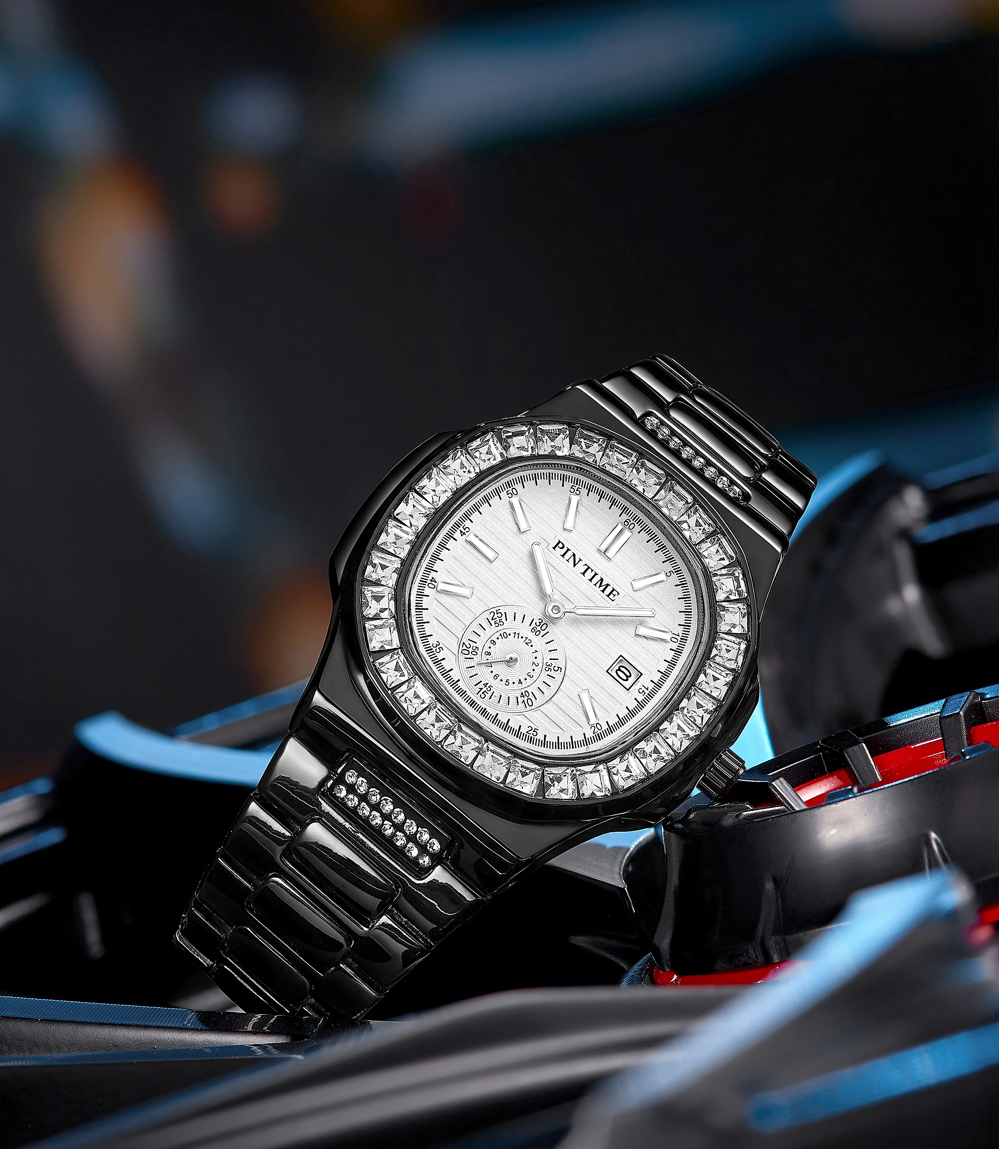 Роскошные мужские модные черные часы из нержавеющей стали багет бриллиант