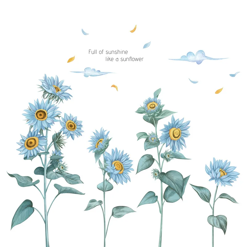Blue Sunflower Wall stickers for Living room Bedroom Sofa Background Decor Vinyl PVC Decals Art Murals Home Decoration | Дом и сад