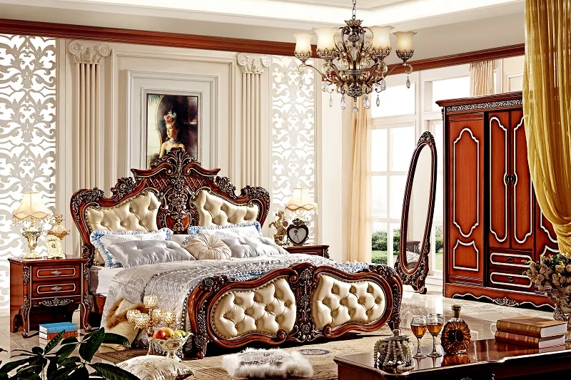 Классические роскошные кожаные кровати прикроватный столик и комод|leather bed|genuine