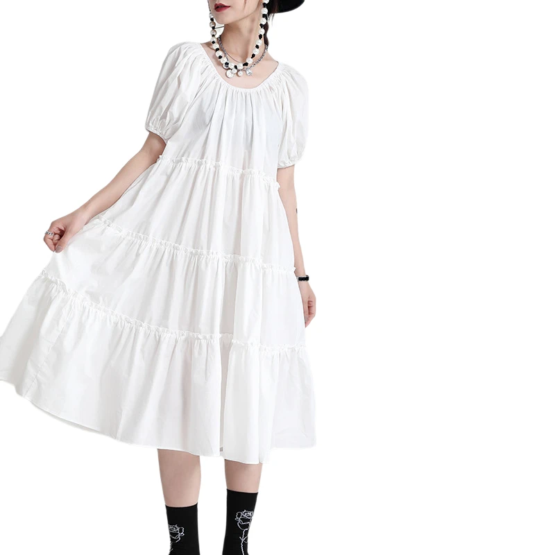 

2021 Summer New Lantern Sleeve Loose Slash Neck Short Sleeve Dress Swing Medium Length Dress A Word Girls Dresses Women