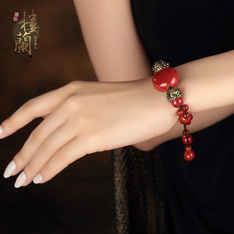 

Women Chinese Style Vintage Bracelet Handmade Charm Bracelets Chain & Link Bracelets Red Ceramic Agate Rope Chain Bangles 9Z