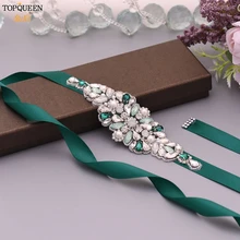 TOPQUEEN S443 Luxury Green Rhinestone Bridal Belt Beaded for Formal Evening Dresses Custom Diamond Decorative Belt Handmade