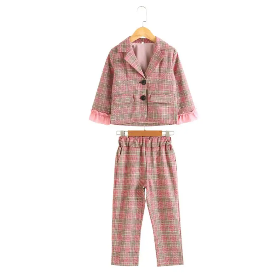 

Комплект для девочек из 2 предметов, клетчатая куртка с длинным рукавом и штаны, с сеткой в стиле пэчворк, осень 2019, ws1107