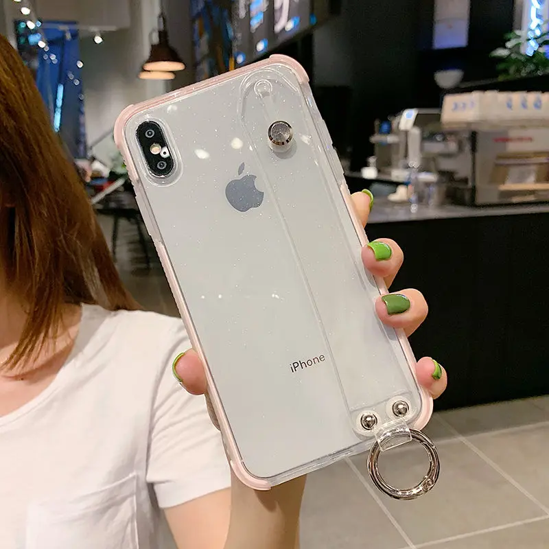 Блестящий порошковый чехол для телефона iPhone X, XR, XS, Max, 8, 7 Plus, 6, 6S Plus, прозрачный мягкий ТПУ противоударный блестящий чехол - Цвет: with Wristband