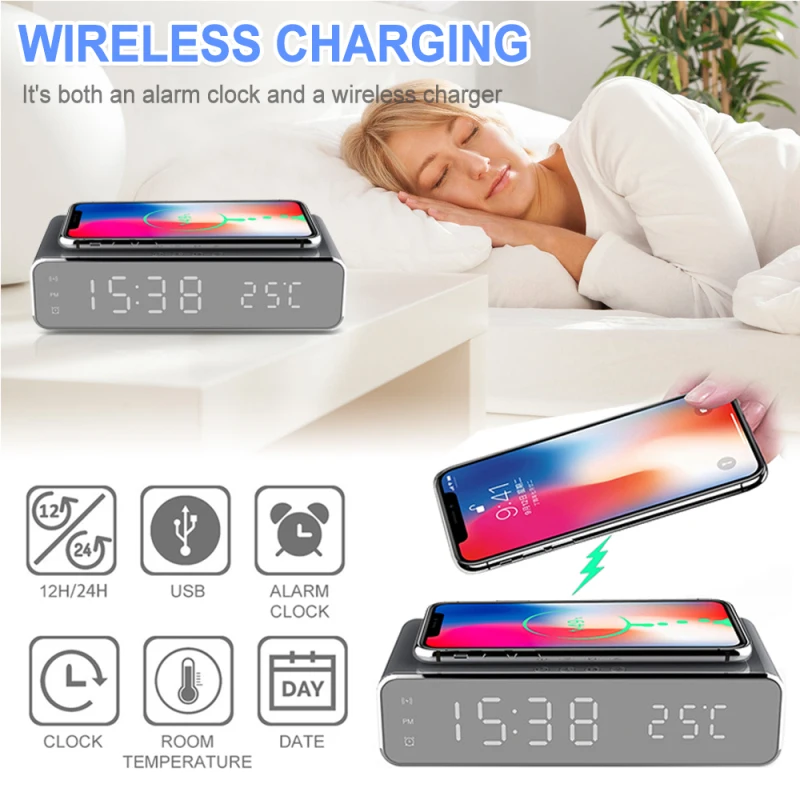 

3 In1 Digital Alarm Clock With Phone Wireless Charger Desktop HD Clock Mirror Table Clock Date Thermometer Time Led Display
