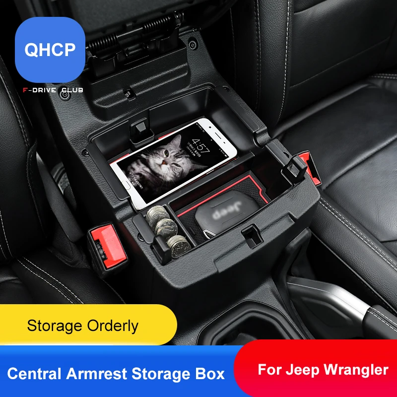 

QHCP Armrest Storage Box Pallets Center Console Organizer Tray Container ABS Black High Capacity For Jeep Wrangler JL 2018-2021