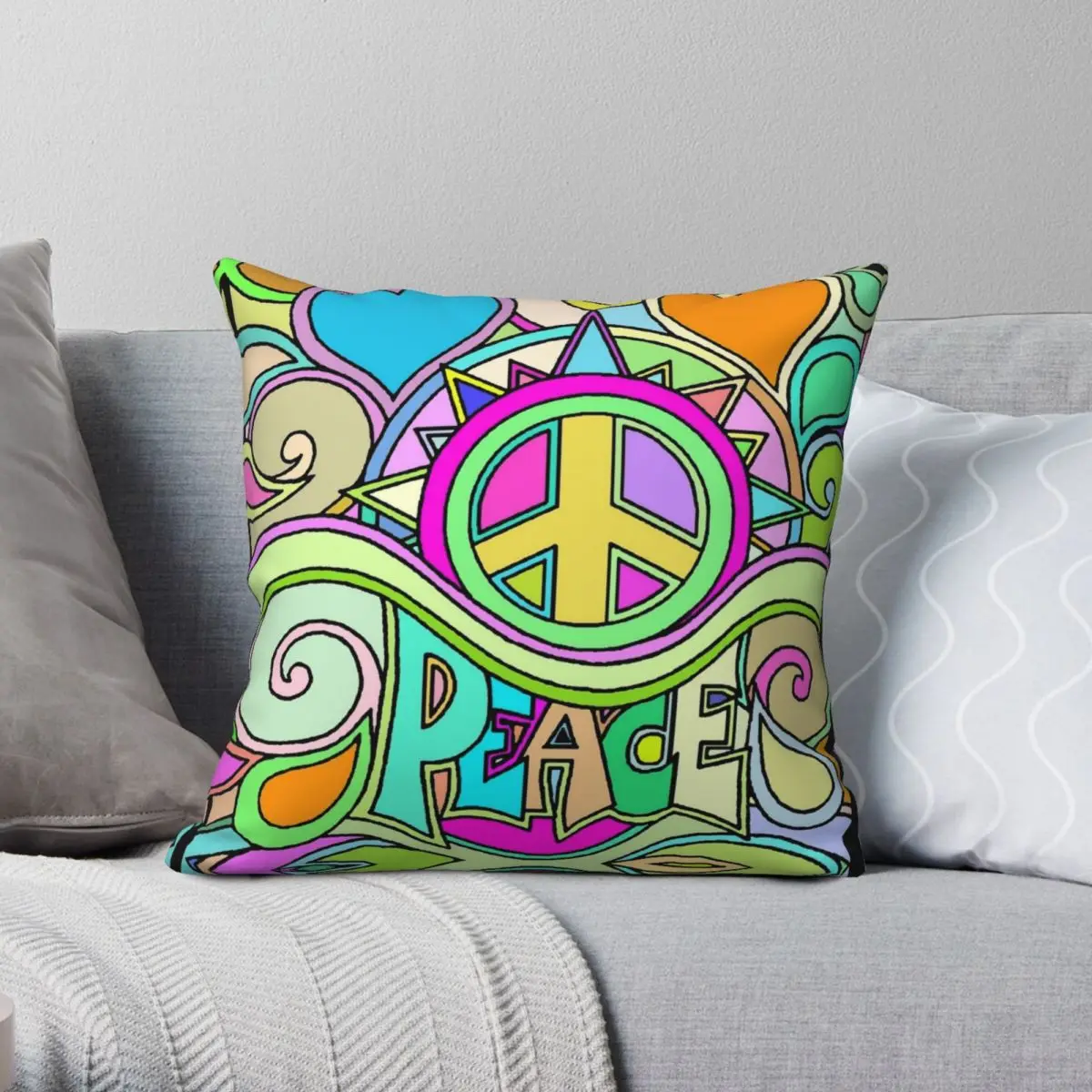 

Psychedelic Hippy Retro Peace Square Pillowcase Polyester Linen Velvet Creative Zip Decor Home Cushion Case