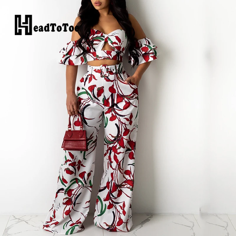 

Floral Print Sexy Off Shoulder Crop Tops & High Waist Wide Leg Pants Set Women Two Piece Set Outfits