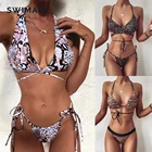 Винтажный комплект бикини с принтом 2022, женский сексуальный бандажный купальник с низкой талией, купальник пуш-ап, пляжная одежда с открытой спиной, женское бикини для купания