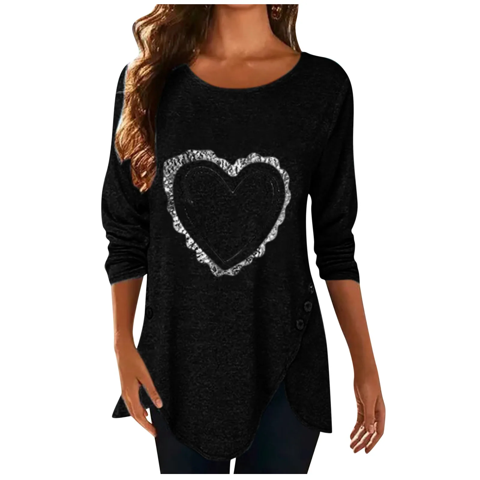 Женская туника с круглым вырезом и длинным рукавом принтом сердца размера плюс |