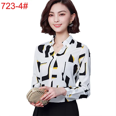Женская шифоновая блузка, рубашка,, женская одежда, длинный рукав, Blusas, шифон, женские офисные блузки, с принтом, в полоску, в горошек, для девушек, OL, Топ - Цвет: 723-4