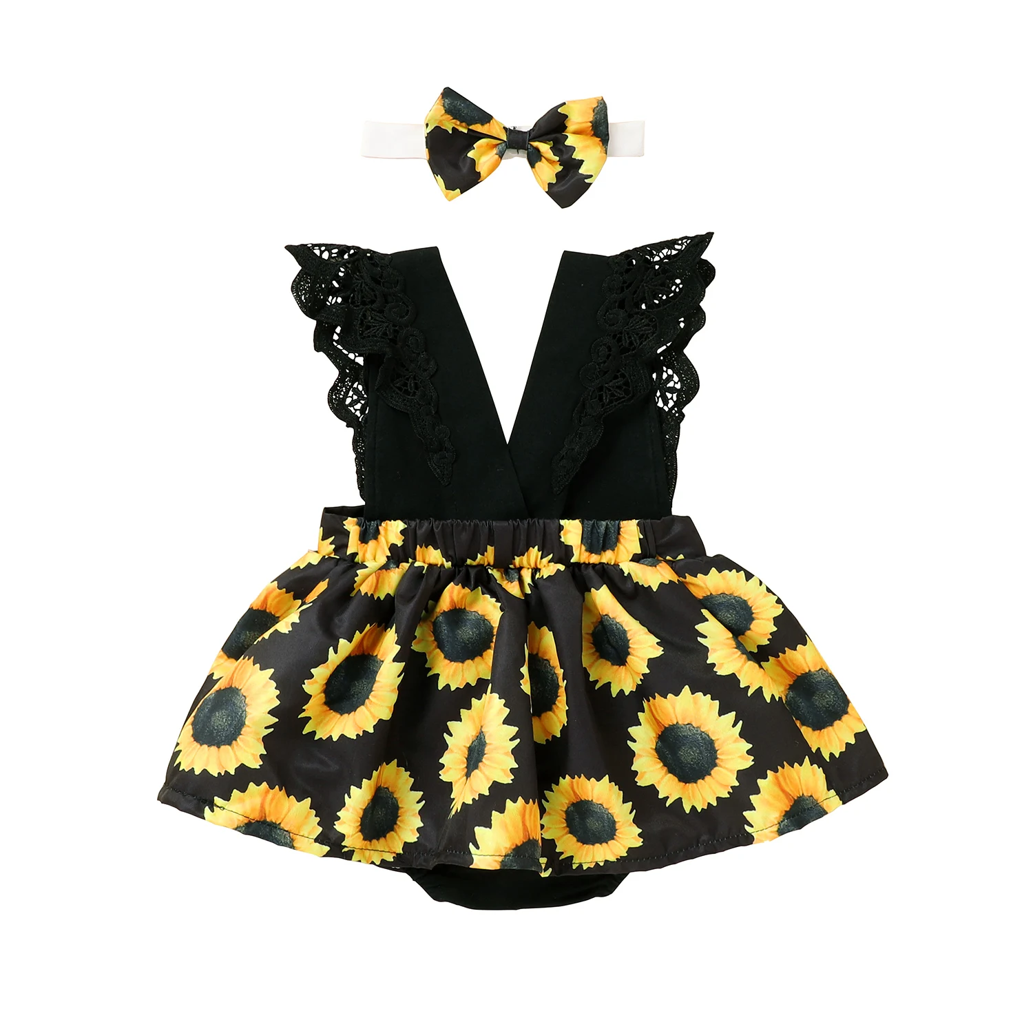 

Girl\u2019s Flower Printed 2Pcs Romper Skirt Set, Ruffled Lace Decoration Skirt Hem Triangle Bodysuit with Headband