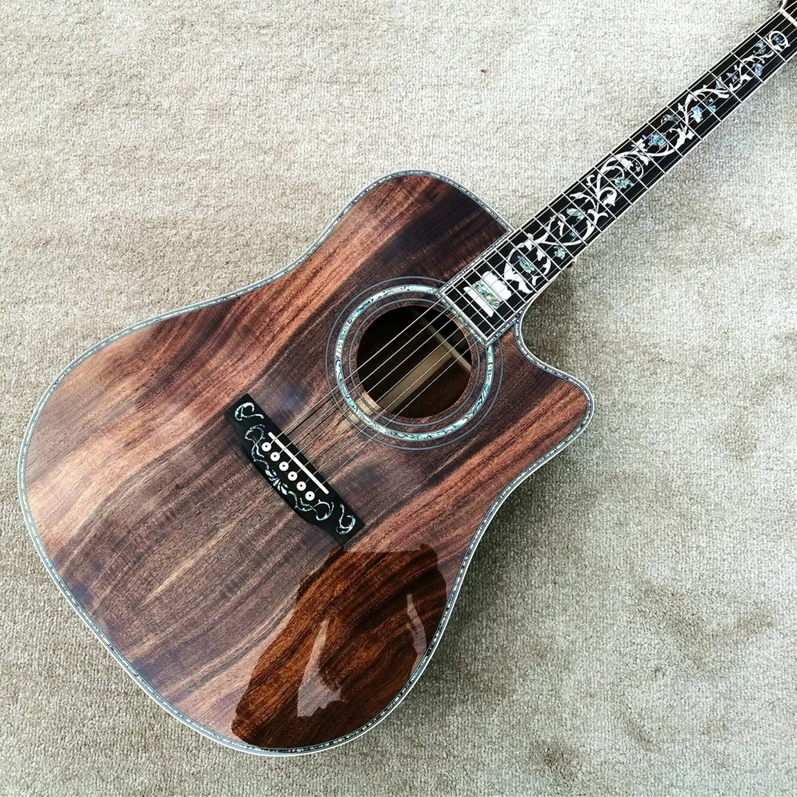 

41 Inch Cutaway Full Koa Wood D Model Acoustic Guitar,Flower Abalone Inlay Ebony Fingerboard Solid Koala Guitarra