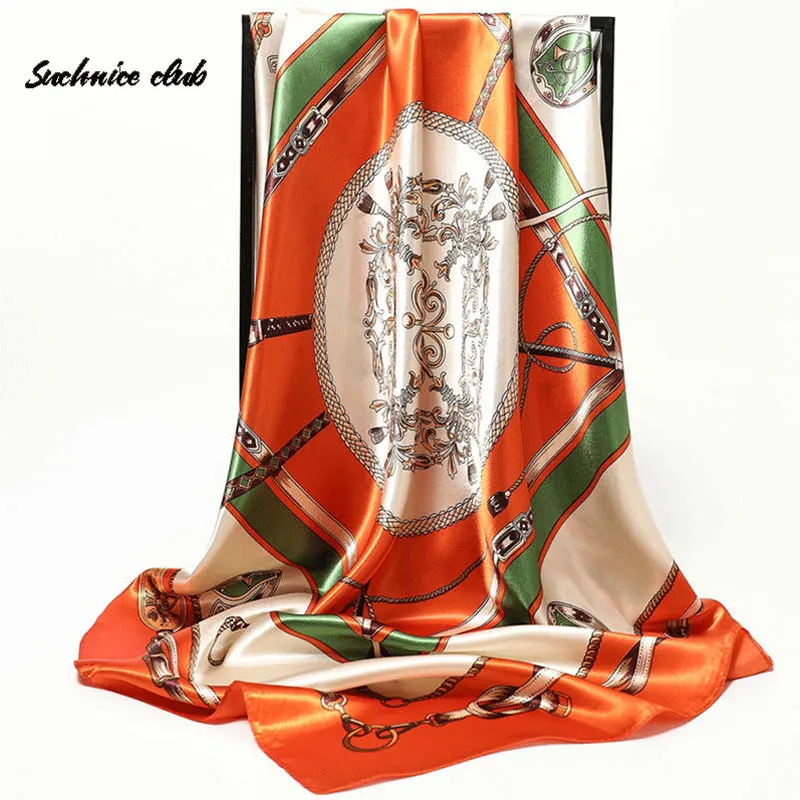 

2021 Women Scarves Silk Satin Neck Scarf Kerchief Fashion Print Hijab Ladies Scarfs Female Square Muffler Shawls 90*90cm