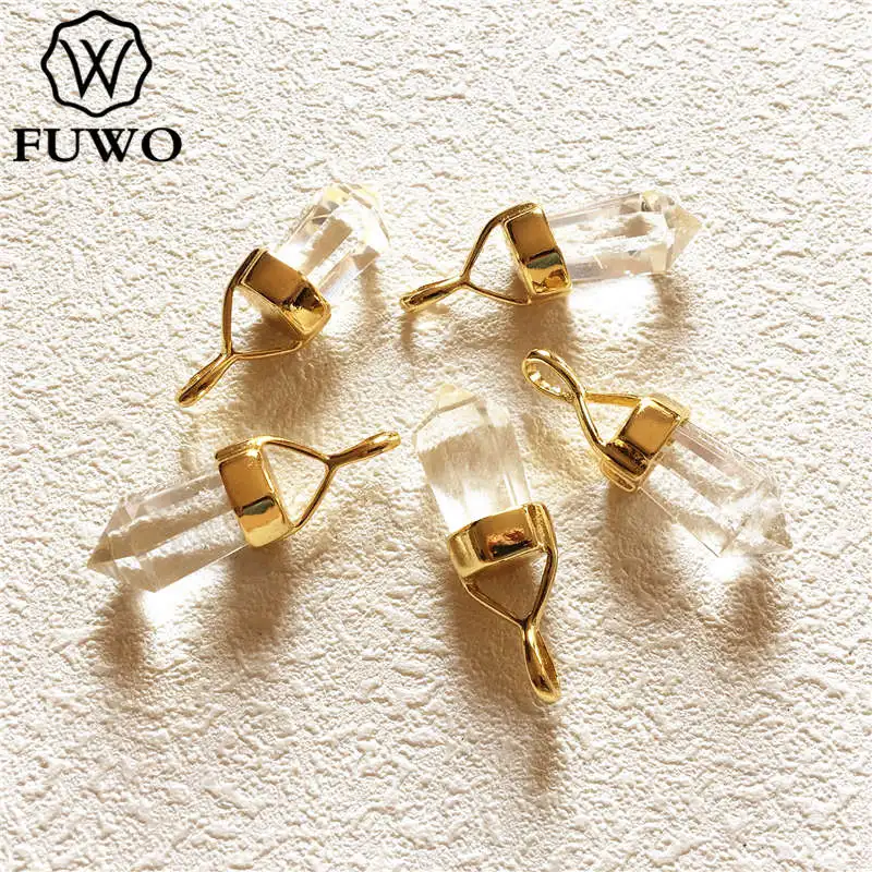 FUWO Wholesale Pencil Point Raw Crystal Quartz Pendants Gold Cap Bullet Shape Positive Energy Healing Rock Crystal Jewelry PD005