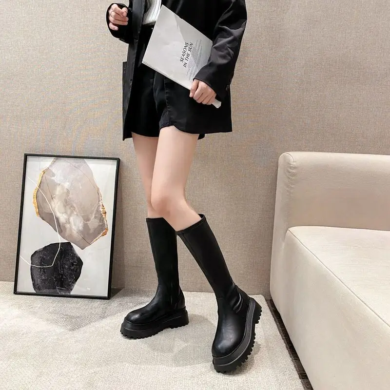 

Womens Leather Boots Winter High Heels Elasticity Black Boots Womens Boots High Knee Riding Boots Black Locomotive Boots