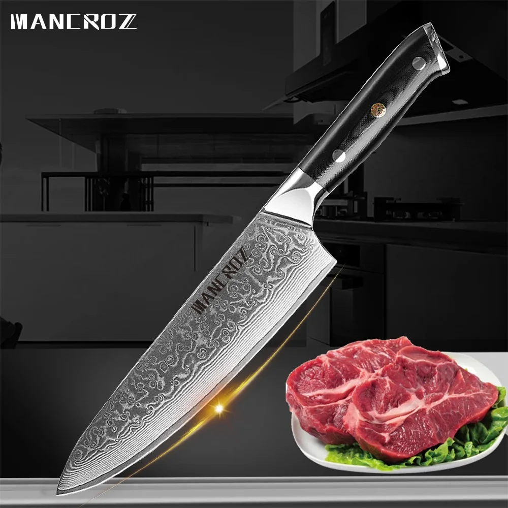 

MANCROZ 8-дюймовый дамасский поварской нож, японский кухонный нож из нержавеющей стали для резки мяса, овощей, фруктов, профессиональные ножи
